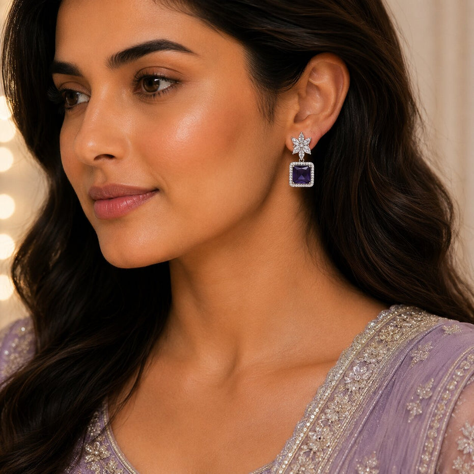 Rhodium Plated Square Halo Drop Earrings with Floral Stone Design