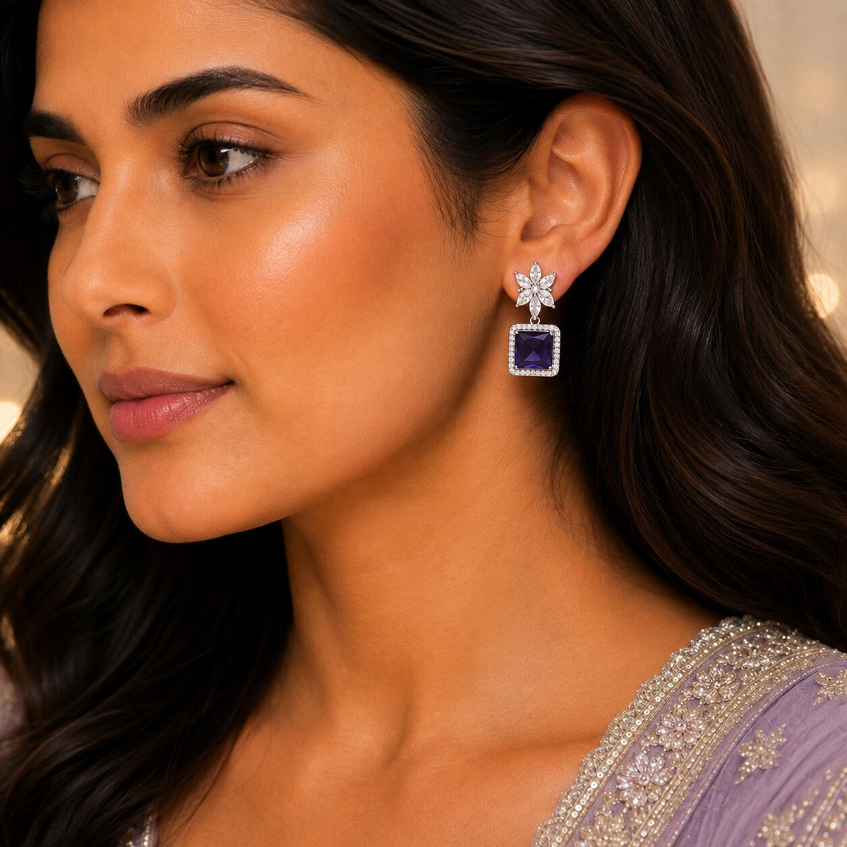 Rhodium Plated Square Halo Drop Earrings with Floral Stone Design