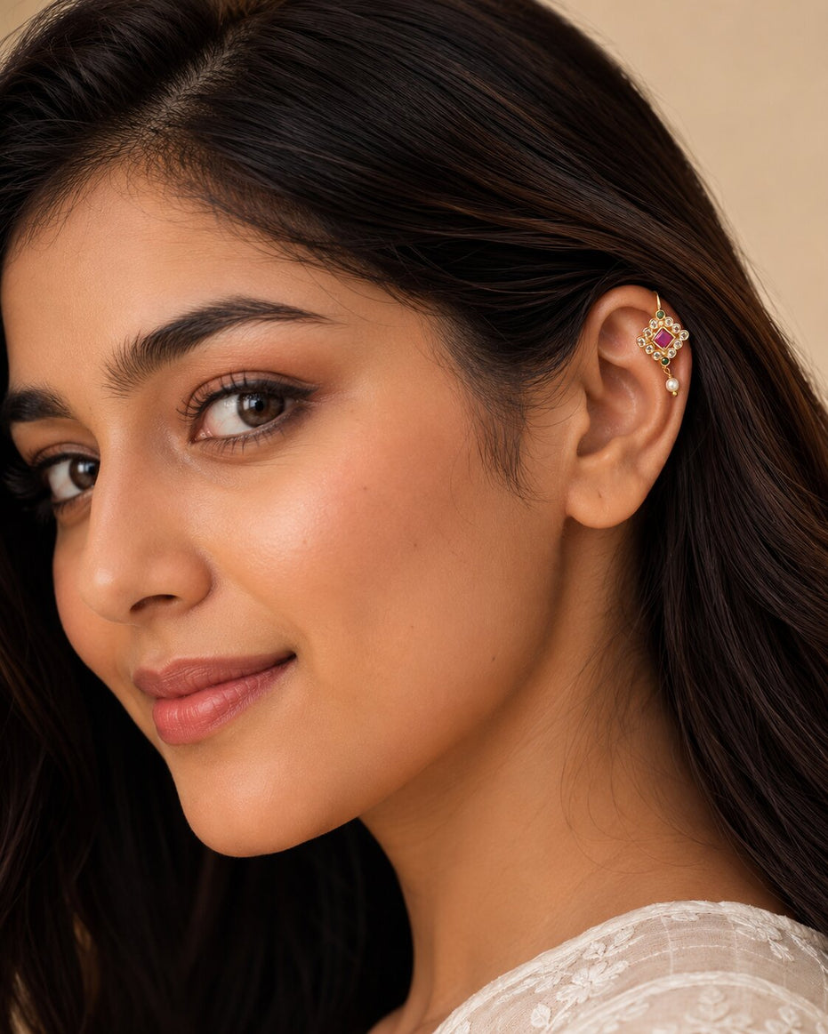 Gold Plated Geometric Square Kundan Pearl Drop Earrings