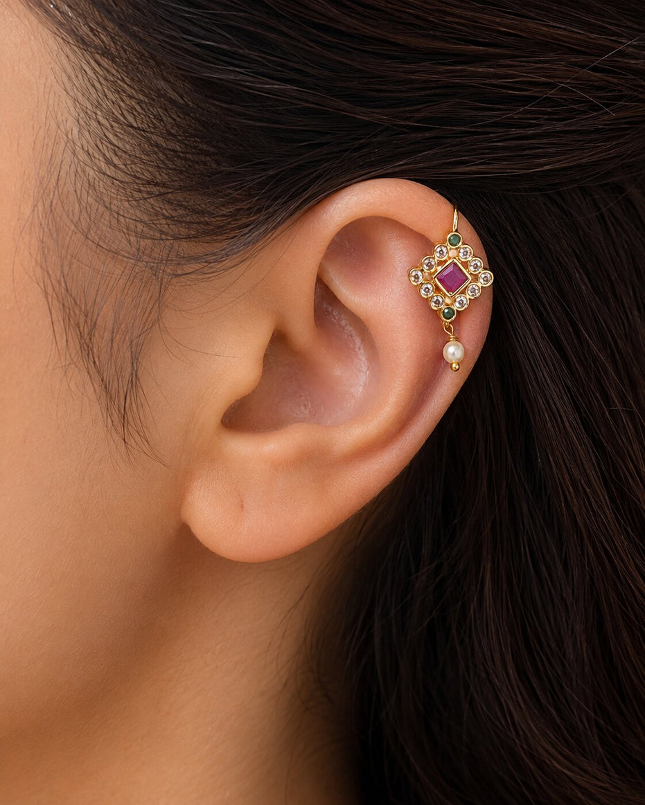 Gold Plated Geometric Square Kundan Pearl Drop Earrings