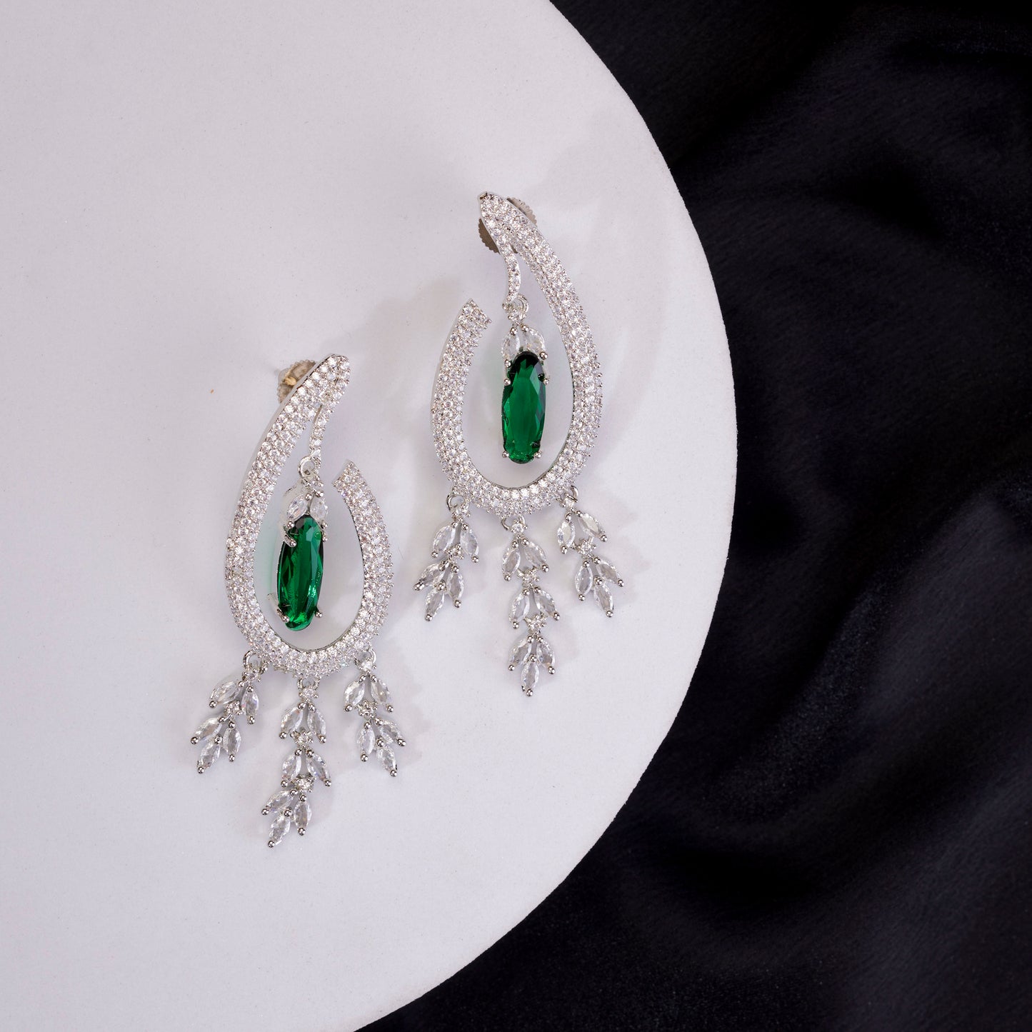 Emerald Teardrop Rhodium Plated Dangles