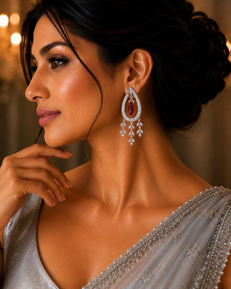 Emerald Teardrop Rhodium Plated Dangles