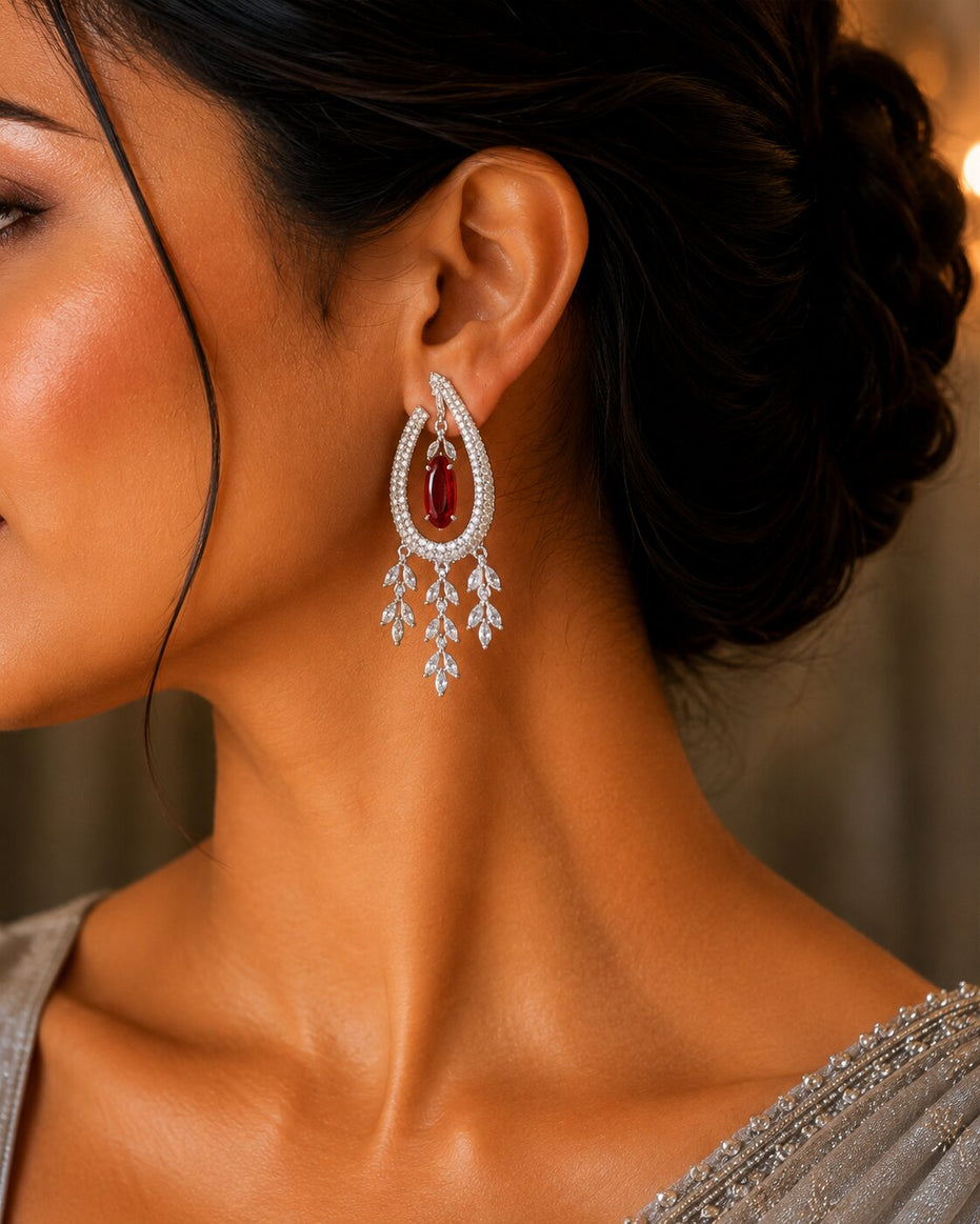 Emerald Teardrop Rhodium Plated Dangles