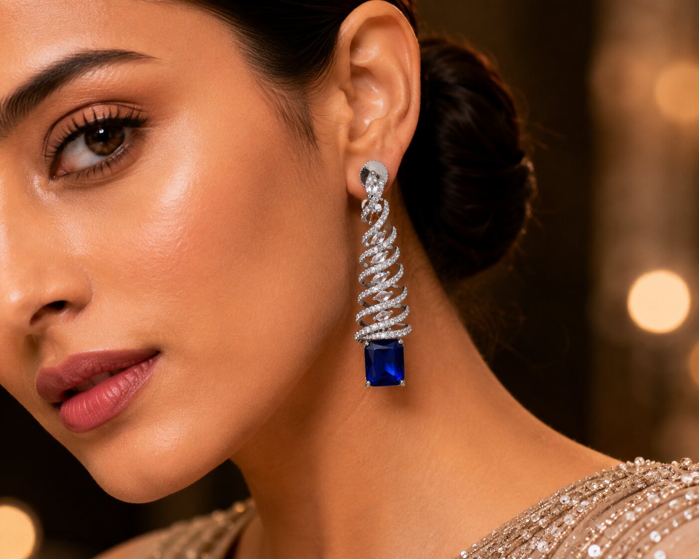 Rhodium Plated Feather Leaf American Diamond Dangler Earrings