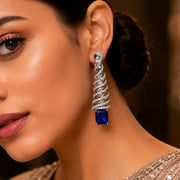 Rhodium Plated Feather Leaf American Diamond Dangler Earrings