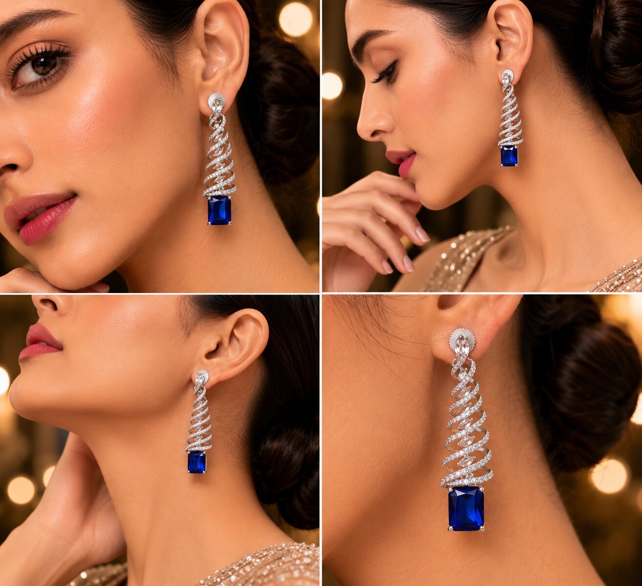 Rhodium Plated Feather Leaf American Diamond Dangler Earrings