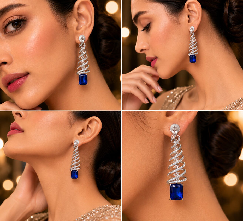 Rhodium Plated Feather Leaf American Diamond Dangler Earrings