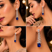 Rhodium Plated Feather Leaf American Diamond Dangler Earrings
