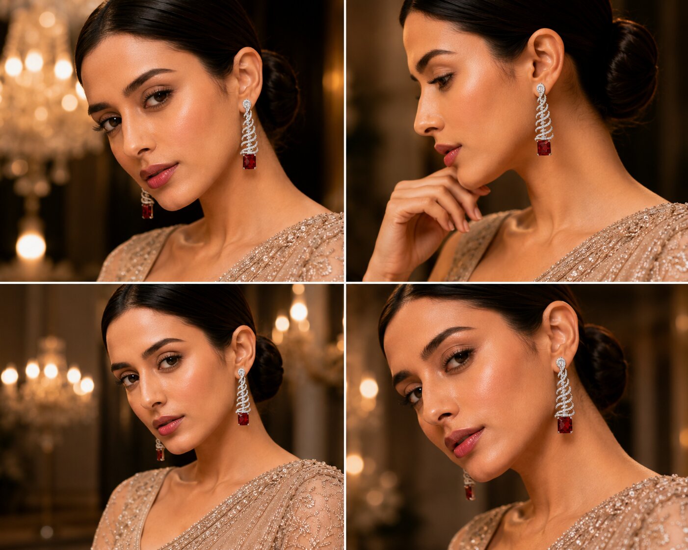 Rhodium Plated Feather Leaf American Diamond Dangler Earrings