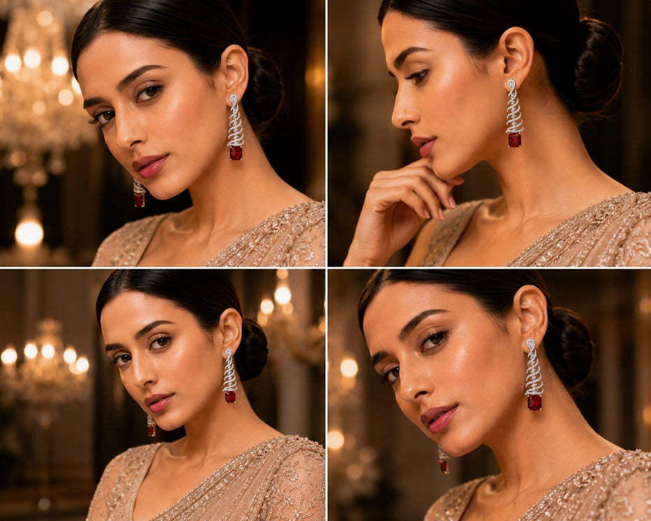 Rhodium Plated Feather Leaf American Diamond Dangler Earrings