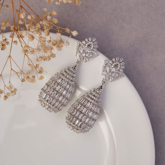 Radiant Teardrop Crystal Statement Rhodium Plated Earrings
