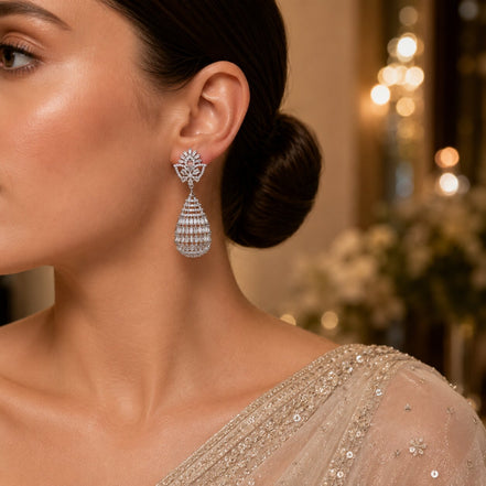 Radiant Teardrop Crystal Statement Rhodium Plated Earrings