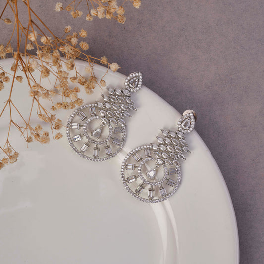 Glamorous Circular Drop Rhodium Plated Earrings