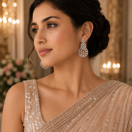 Glamorous Circular Drop Rhodium Plated Earrings