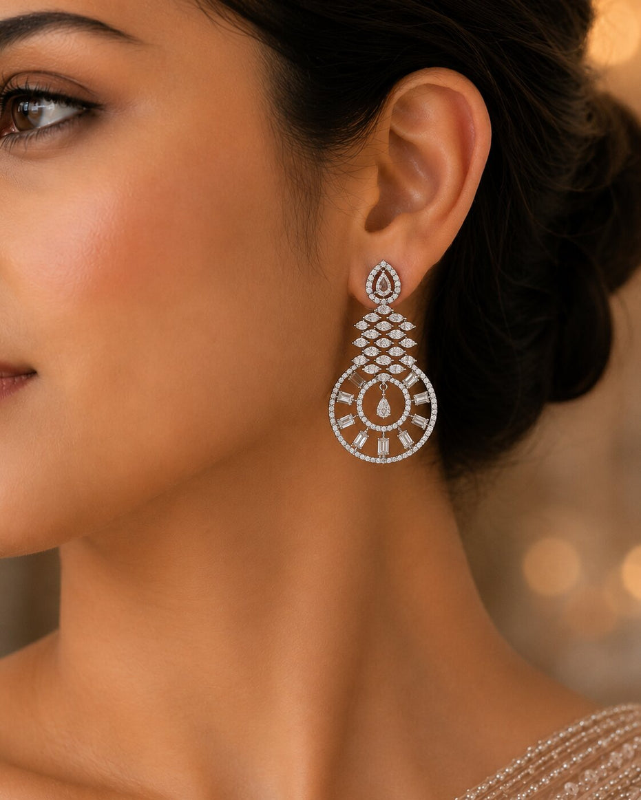 Glamorous Circular Drop Rhodium Plated Earrings