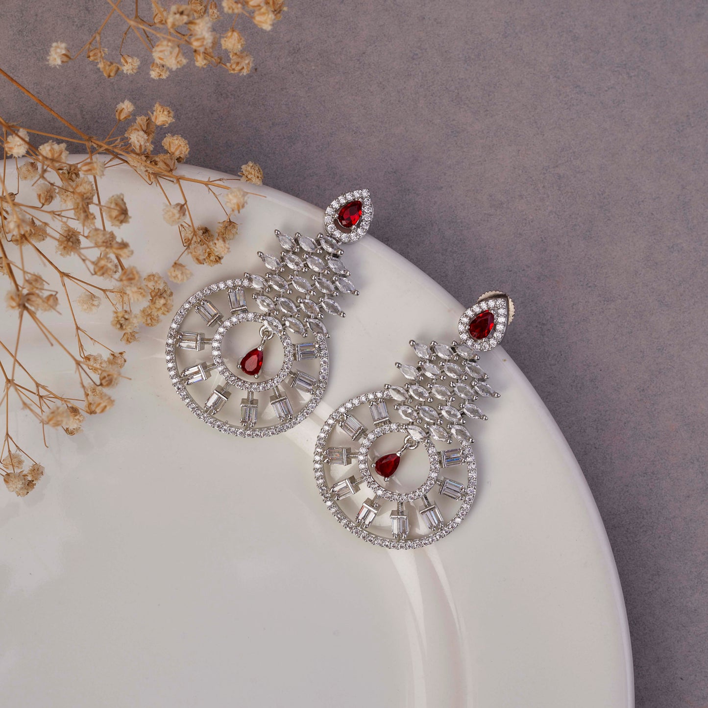 Glamorous Circular Drop Rhodium Plated Earrings
