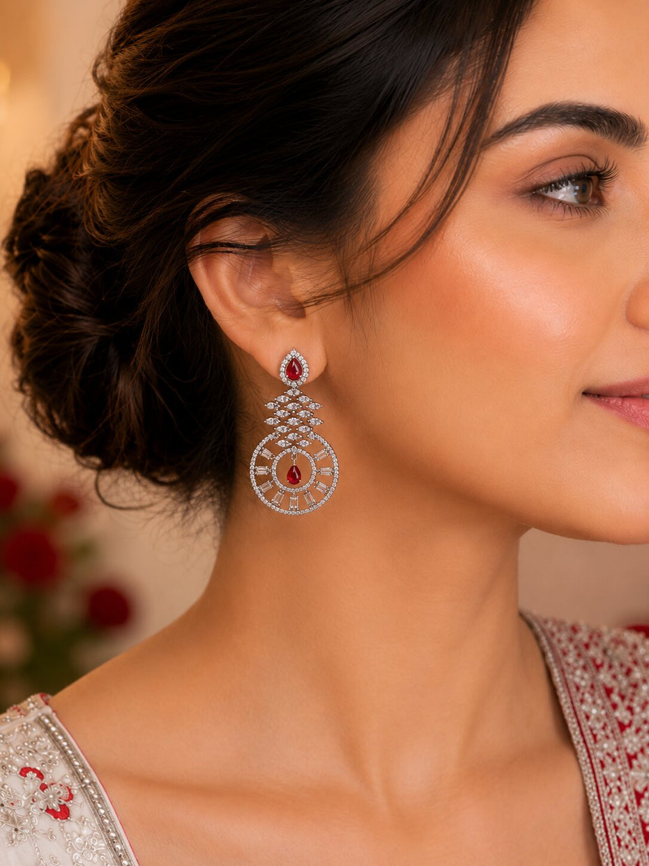 Glamorous Circular Drop Rhodium Plated Earrings