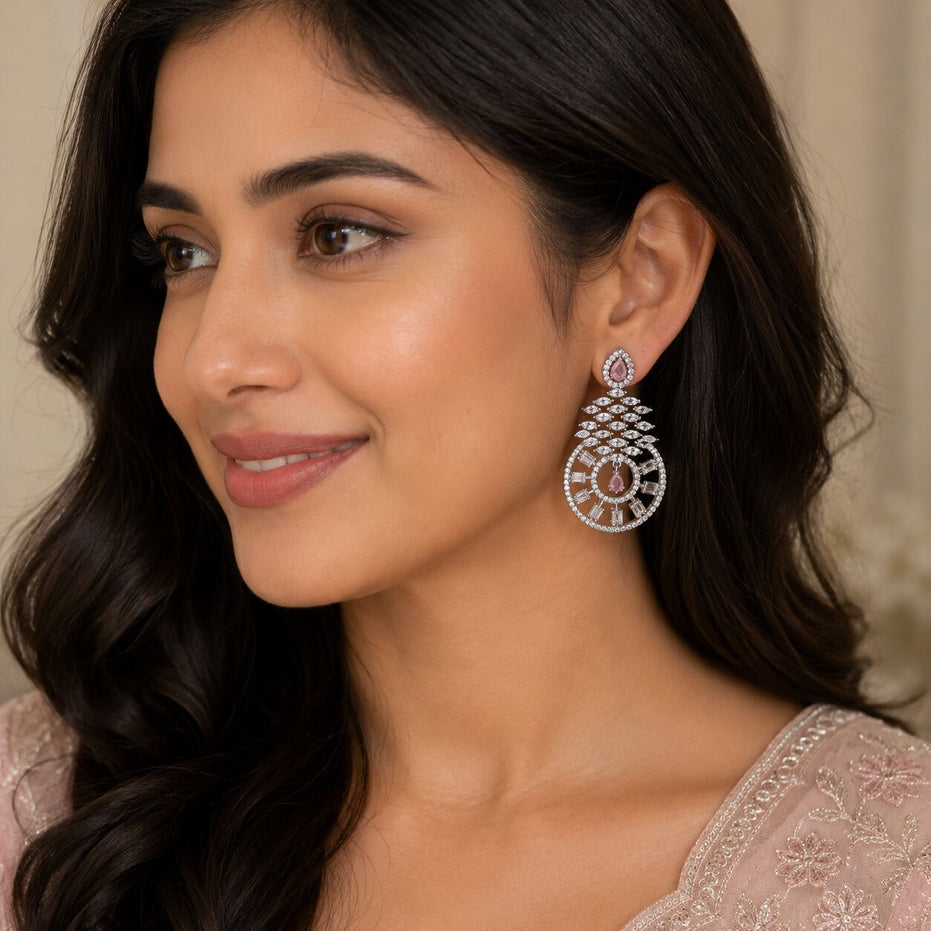 Glamorous Circular Drop Rhodium Plated Earrings