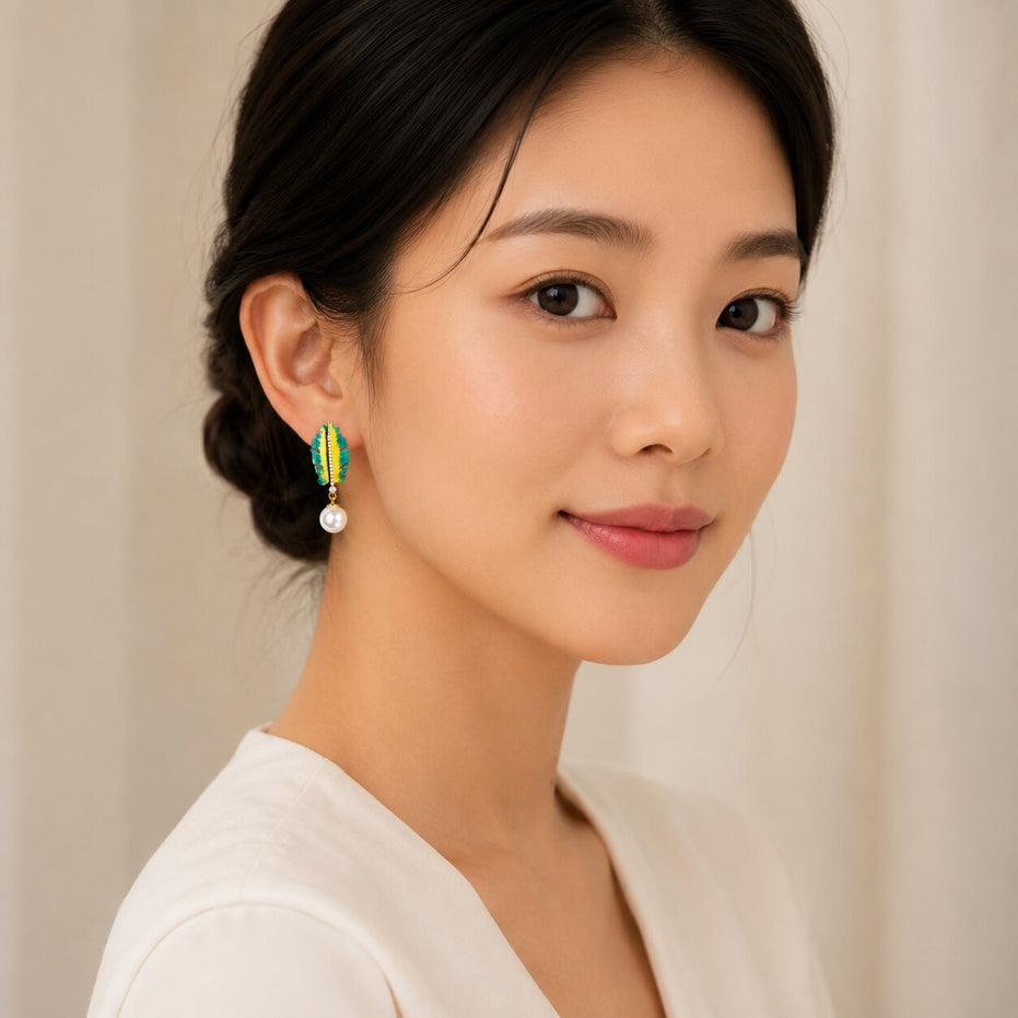 Gold Silver Plated Leaf Pattern Pearl Drop Earrings