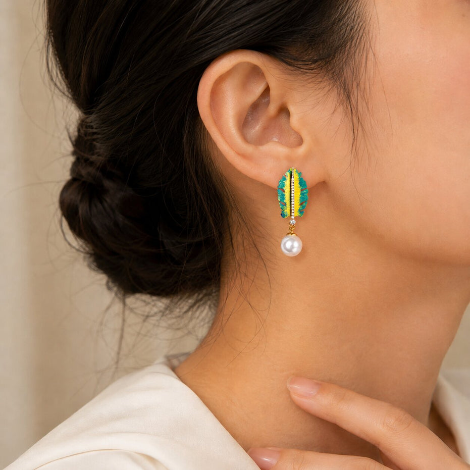 Gold Silver Plated Leaf Pattern Pearl Drop Earrings