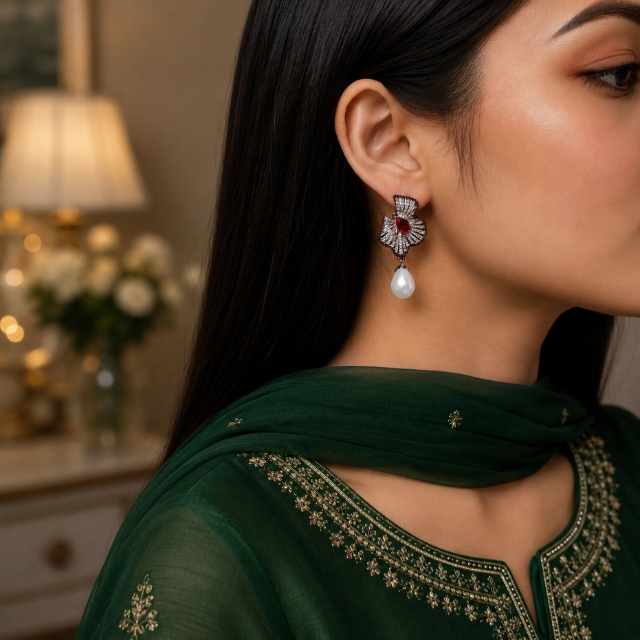 Rhodium Plated Fan Pattern Pearl Drop Earrings