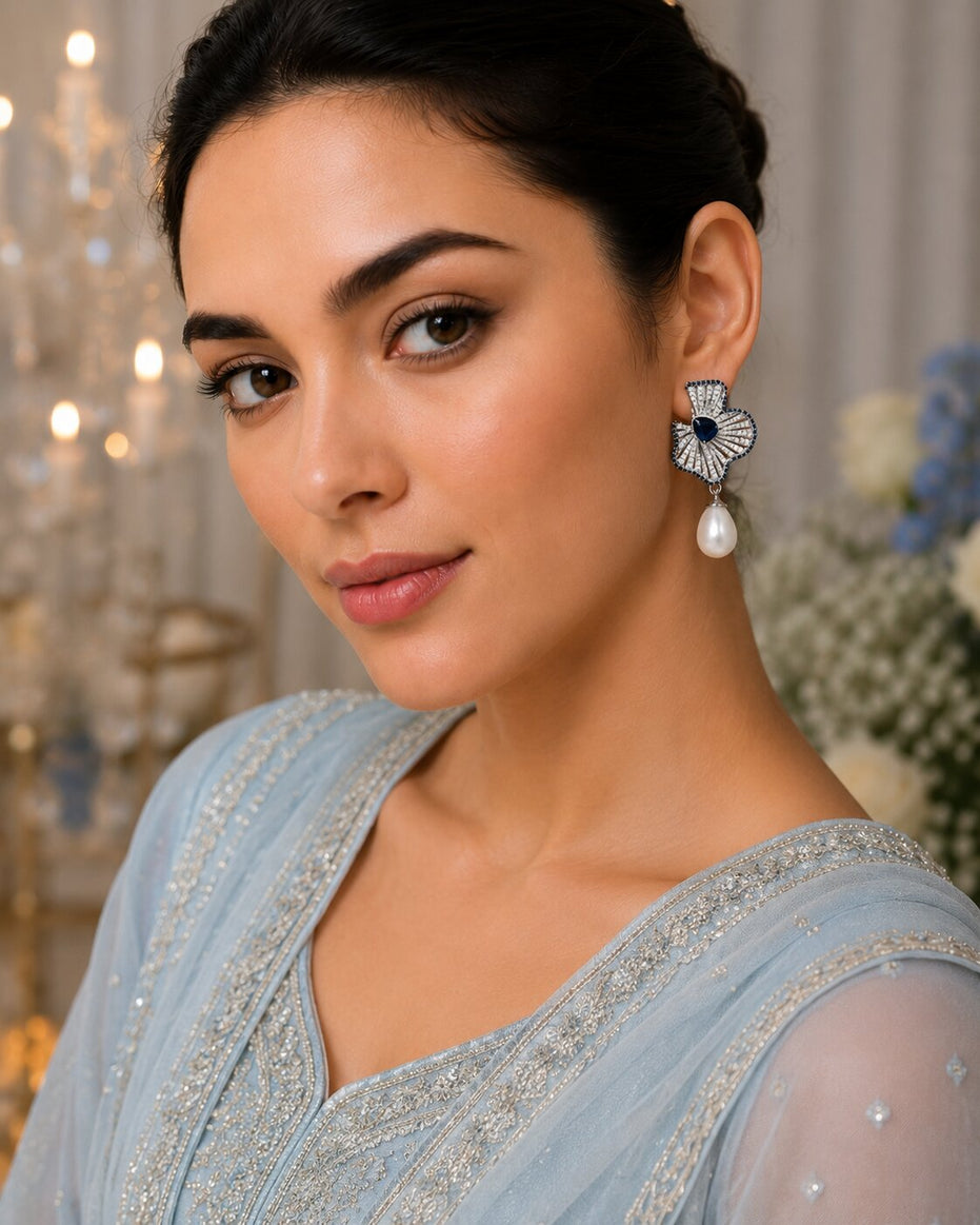 Rhodium Plated Fan Pattern Pearl Drop Earrings
