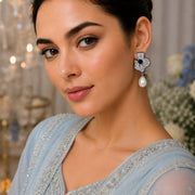 Rhodium Plated Fan Pattern Pearl Drop Earrings