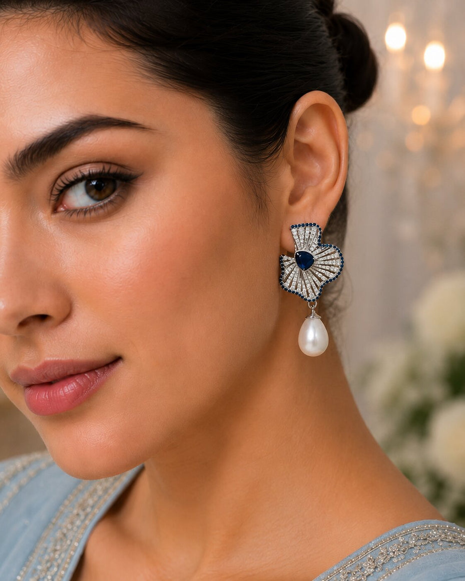 Rhodium Plated Fan Pattern Pearl Drop Earrings