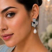 Rhodium Plated Fan Pattern Pearl Drop Earrings