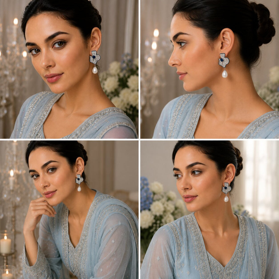 Rhodium Plated Fan Pattern Pearl Drop Earrings