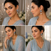 Rhodium Plated Fan Pattern Pearl Drop Earrings