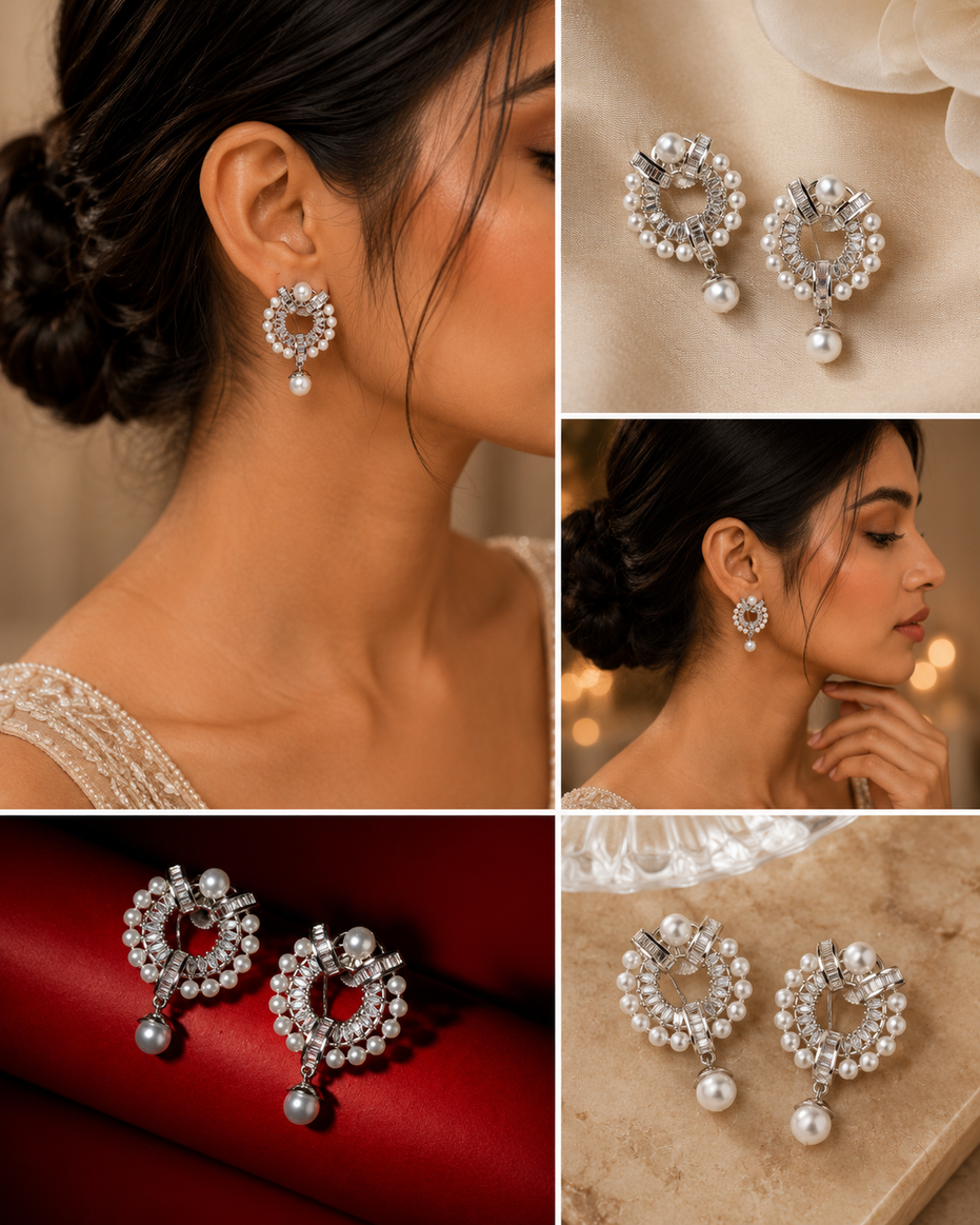 Rhodium Plated Pearl Drop Earrings with CZ Stones & Round Statement Design