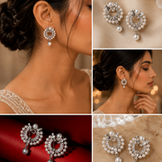 Rhodium Plated Pearl Drop Earrings with CZ Stones & Round Statement Design