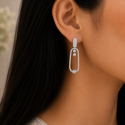 Rhodium Plated Pave American Diamond Oval Drop Earrings
