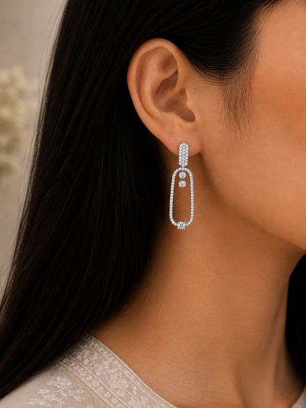 Rhodium Plated Pave American Diamond Oval Drop Earrings