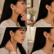Rhodium Plated Pave American Diamond Oval Drop Earrings
