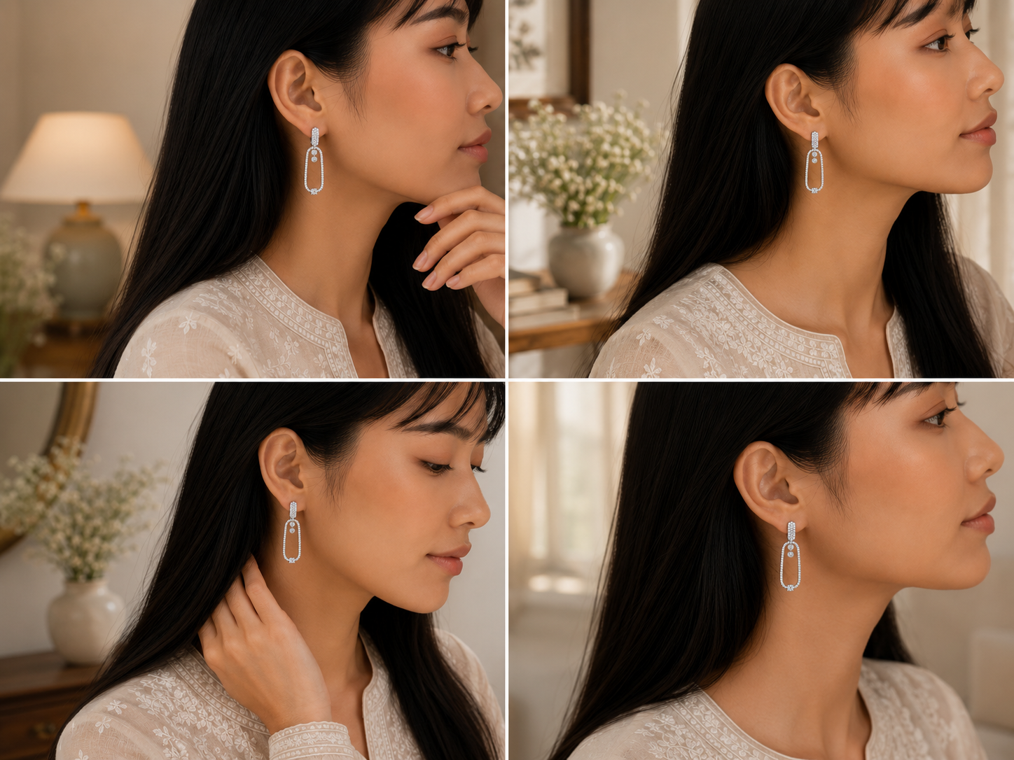 Rhodium Plated Pave American Diamond Oval Drop Earrings