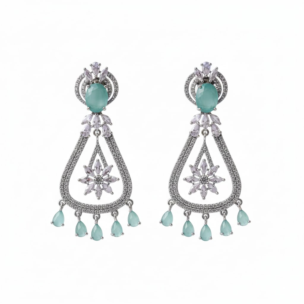 Rhodium-Plated American Diamond Drop Earrings