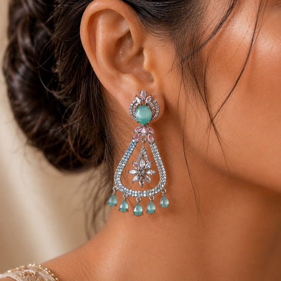 Rhodium-Plated American Diamond Drop Earrings