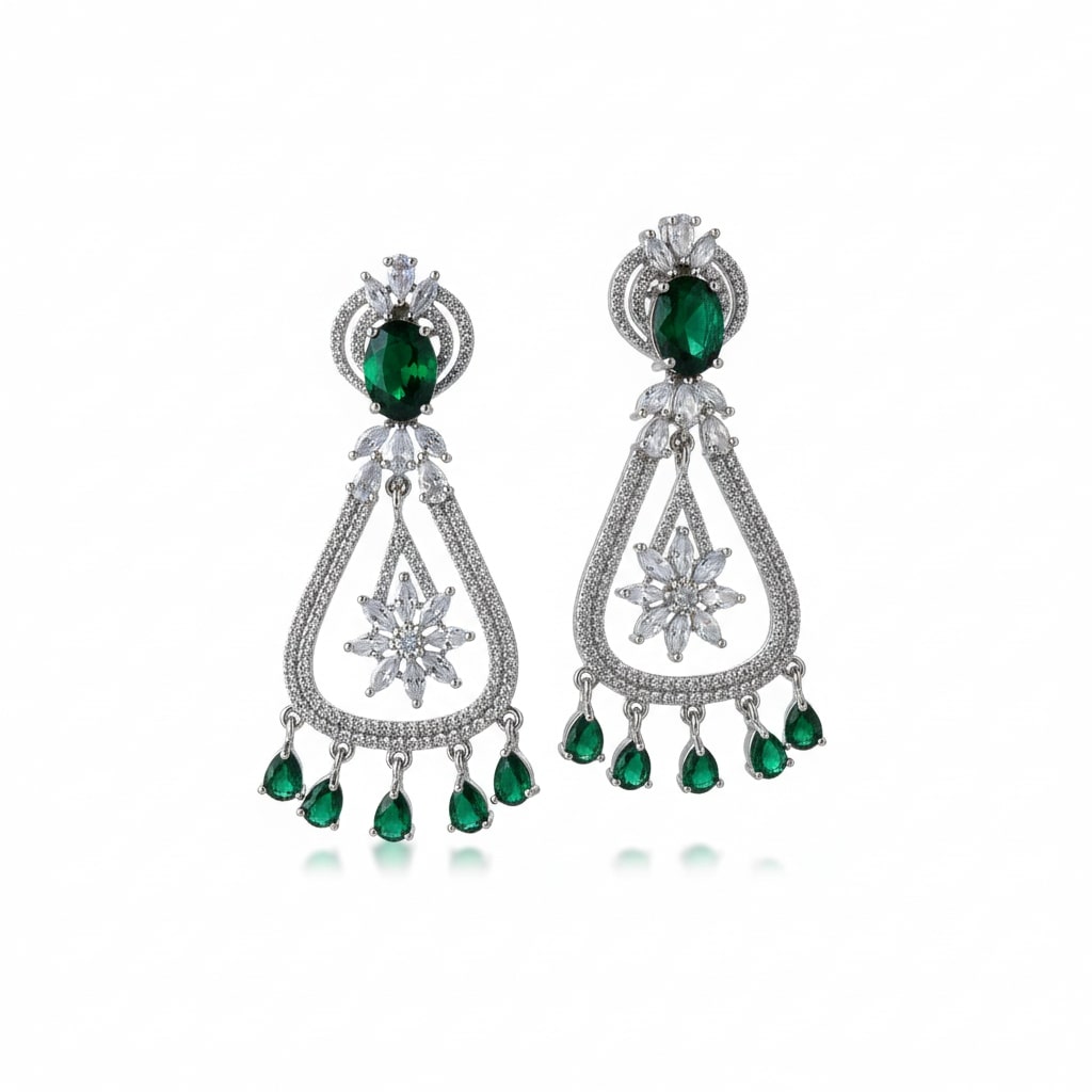 Rhodium-Plated American Diamond Drop Earrings