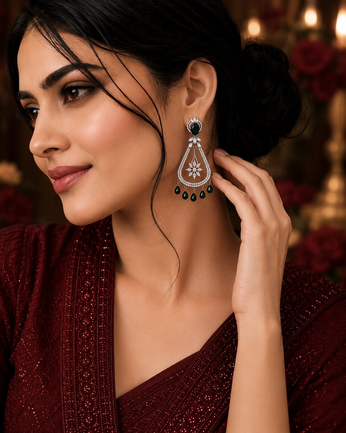 Rhodium-Plated American Diamond Drop Earrings
