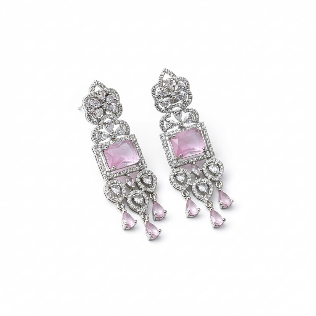 American Diamond Long Rhodium Plated Dangle Earrings