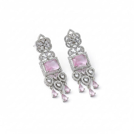 American Diamond Long Rhodium Plated Dangle Earrings