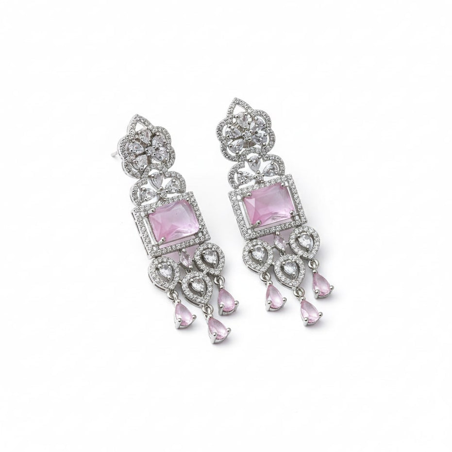 American Diamond Long Rhodium Plated Dangle Earrings