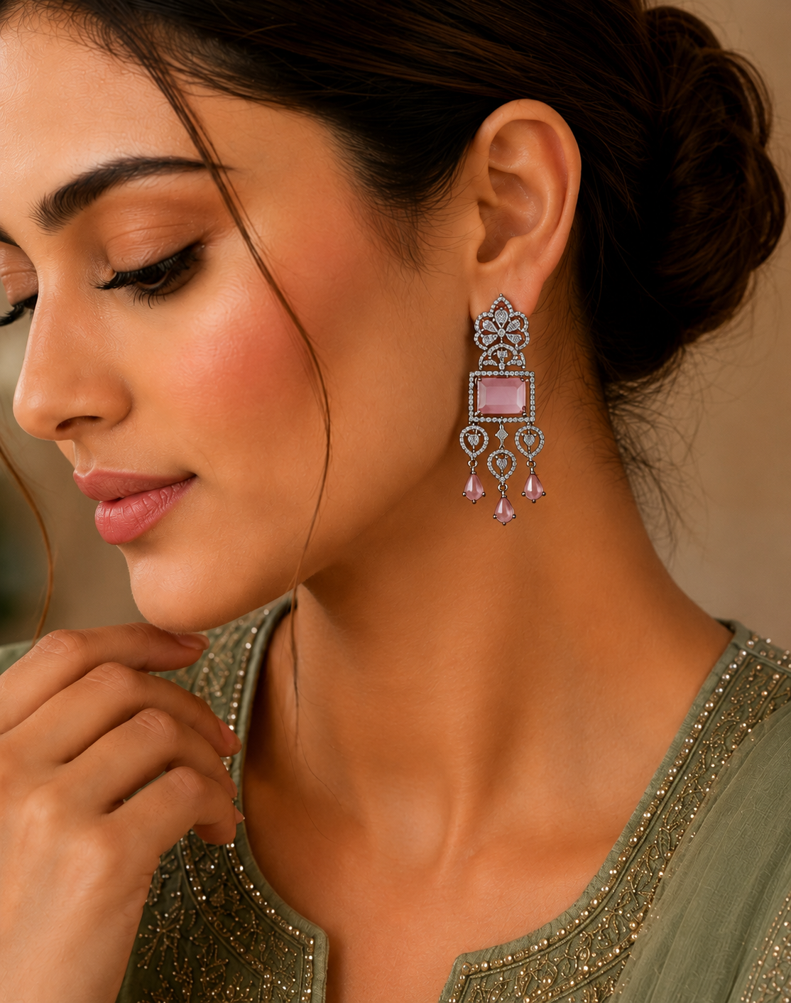 American Diamond Long Rhodium Plated Dangle Earrings