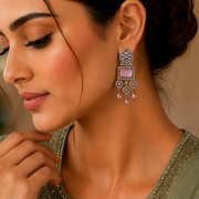 American Diamond Long Rhodium Plated Dangle Earrings