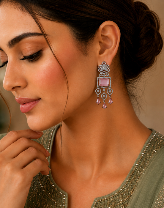 American Diamond Long Rhodium Plated Dangle Earrings