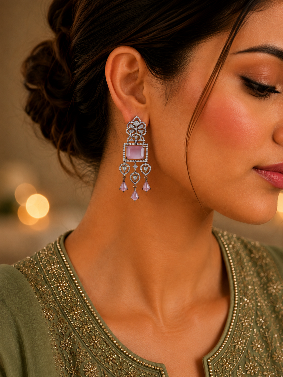 American Diamond Long Rhodium Plated Dangle Earrings