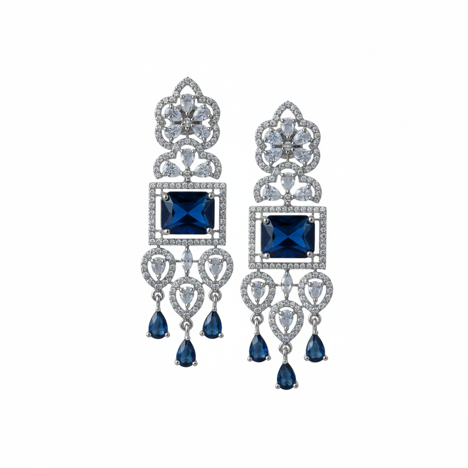 American Diamond Long Rhodium Plated Dangle Earrings