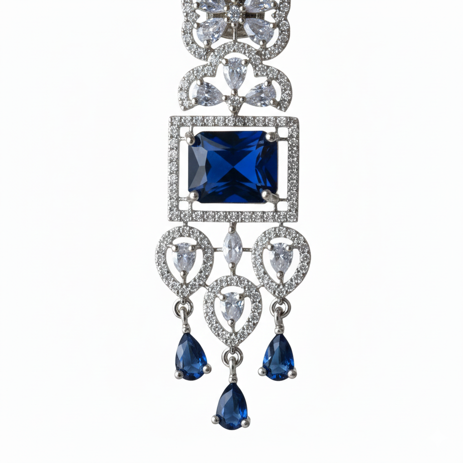 American Diamond Long Rhodium Plated Dangle Earrings